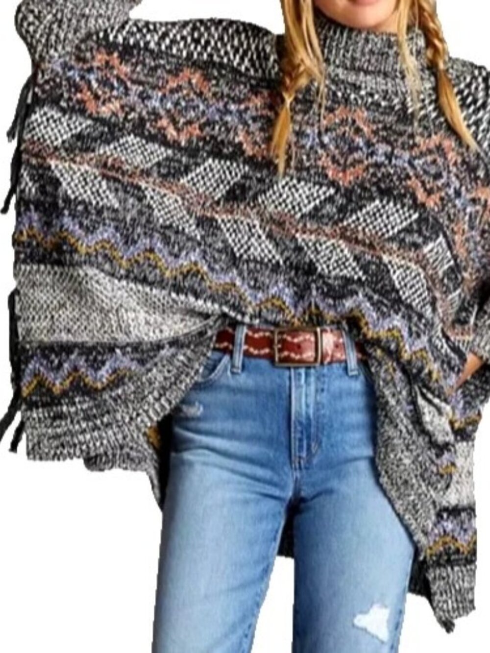 Anthropologie Pilcro Magda Turtle Neck Knit Women's Boho Sweater Poncho Size M/L